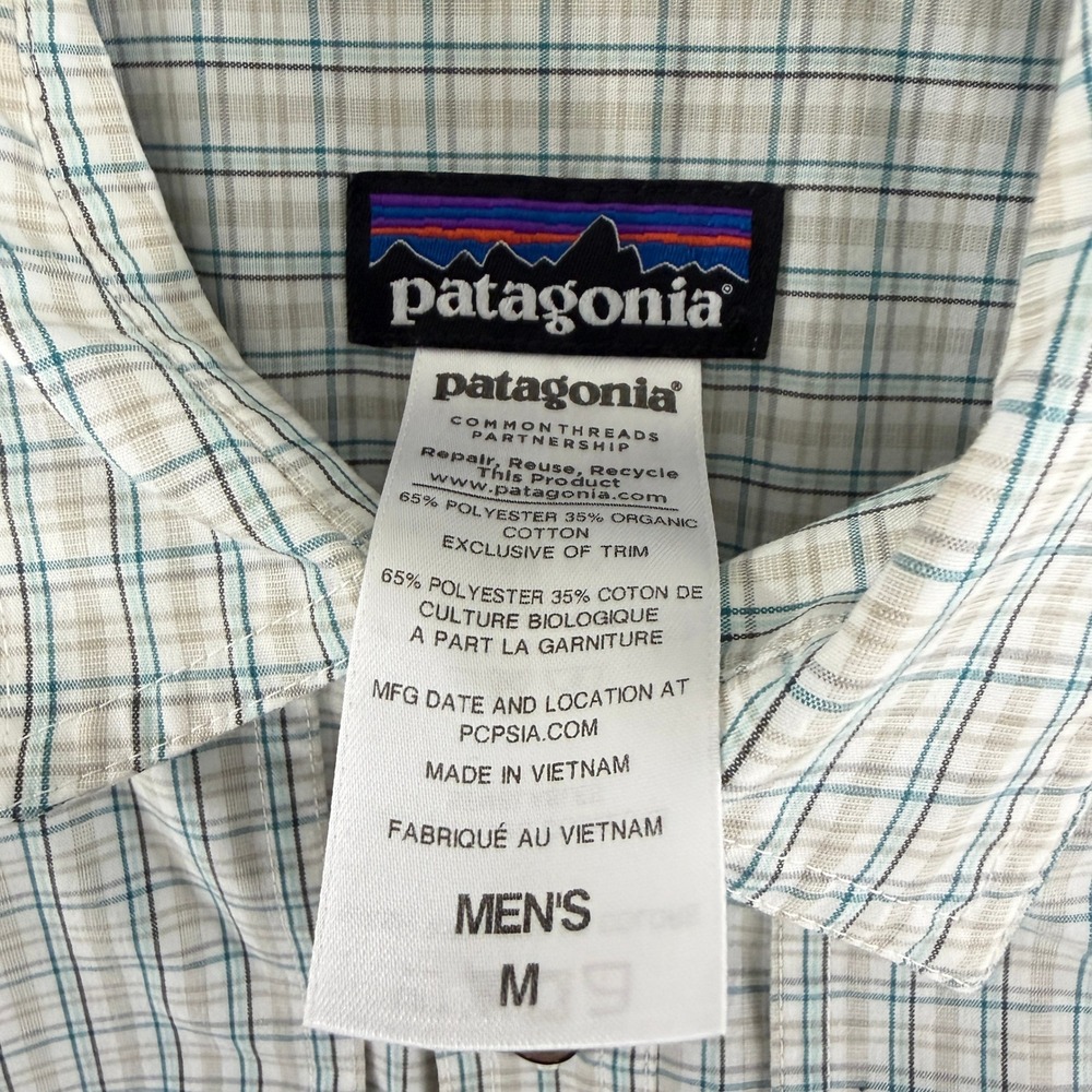 Patagonia Plaid Button Down Shirt Men Medium Blue Tan Long Sleeve Organic Cotton - Picture 8 of 13